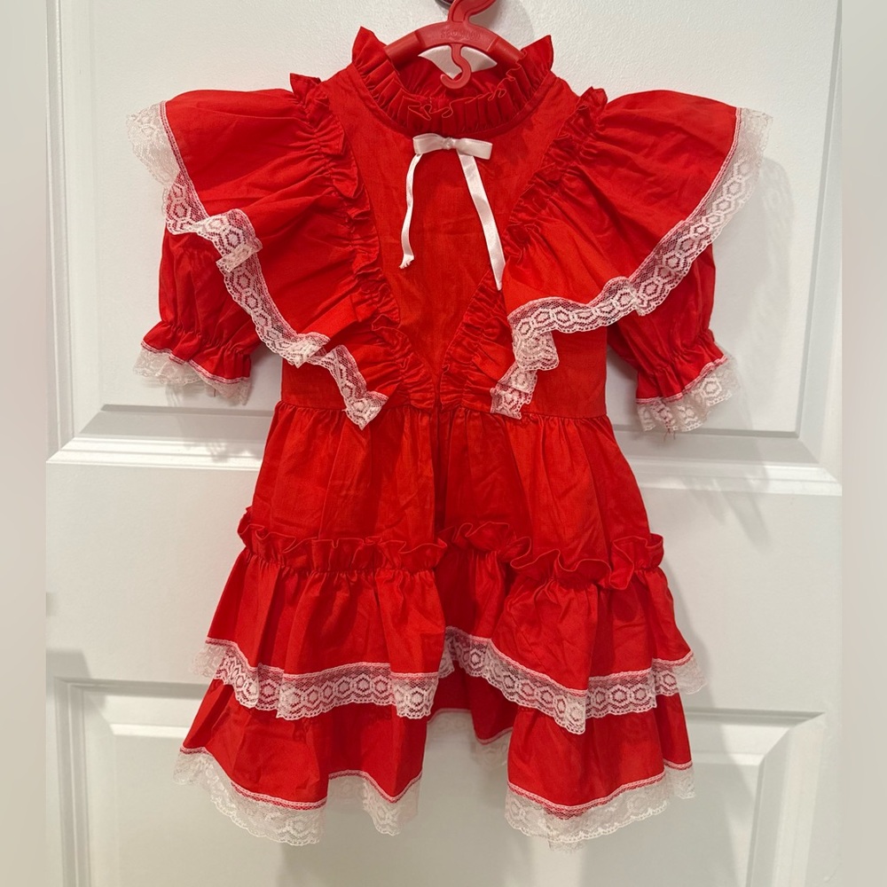Rare Vintage‎ Victorian Red Ruffle Lace Dress by Little Precious, Made In USA
